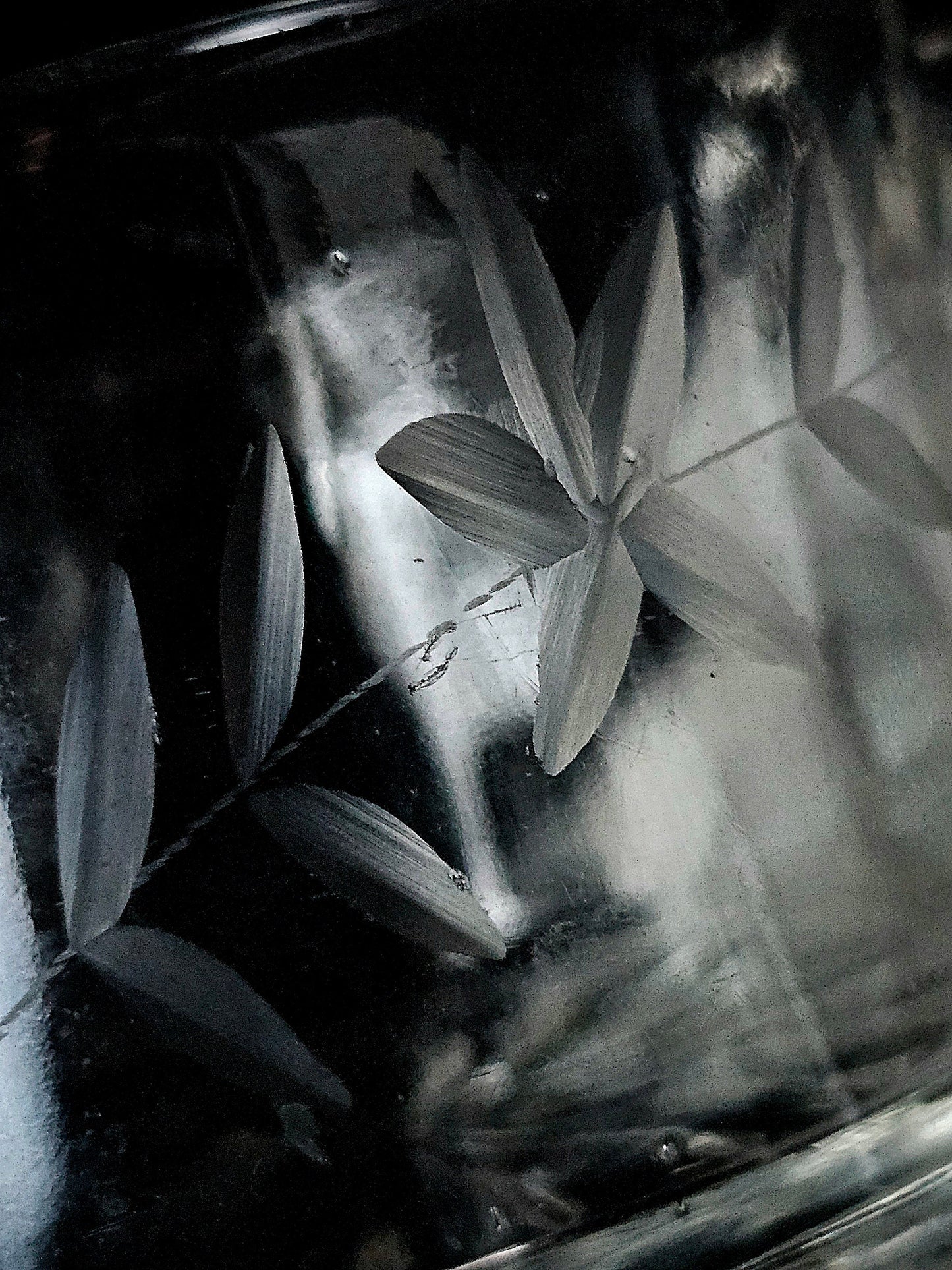 Etched Glass Sugar Bowl with Double Handles, Vine and Leaf Pattern, Vintage. Excellent Condition.