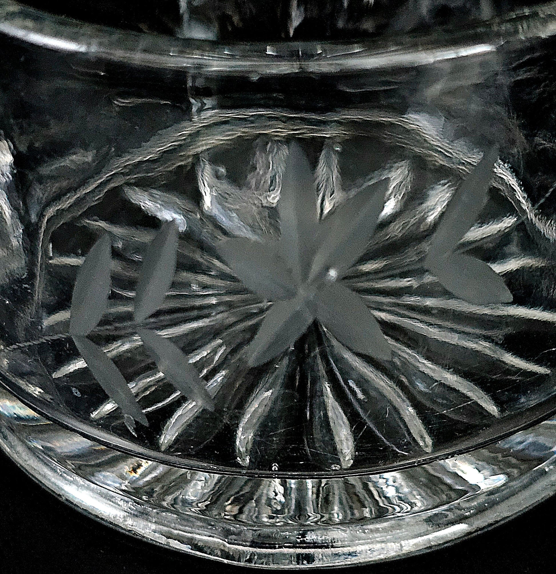 Etched Glass Sugar Bowl with Double Handles, Vine and Leaf Pattern, Vintage. Excellent Condition.