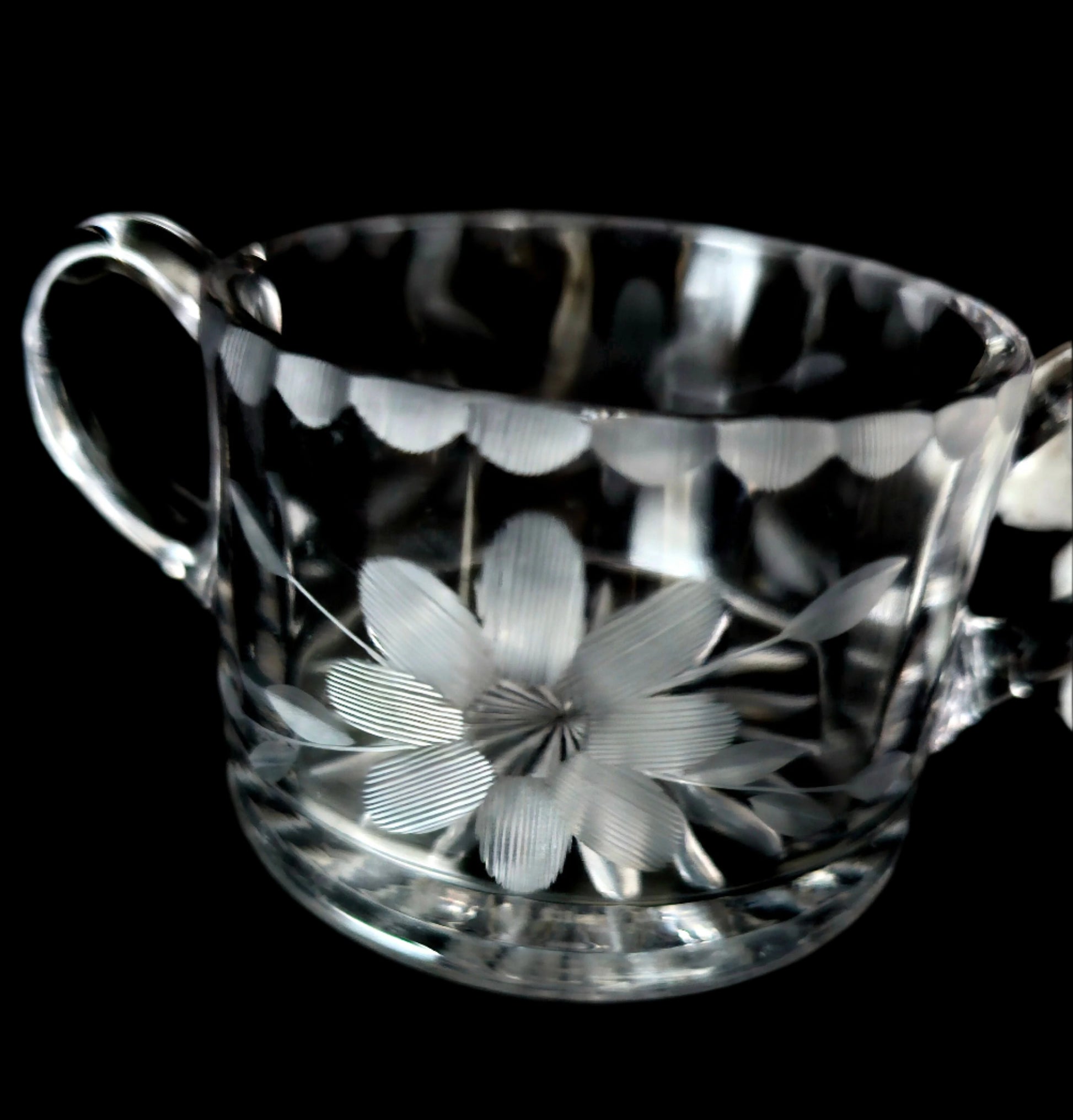 Etched Glass Sugar Bowl with Double Handles, Etched Floral Pattern, Vintage. Excellent Condition.