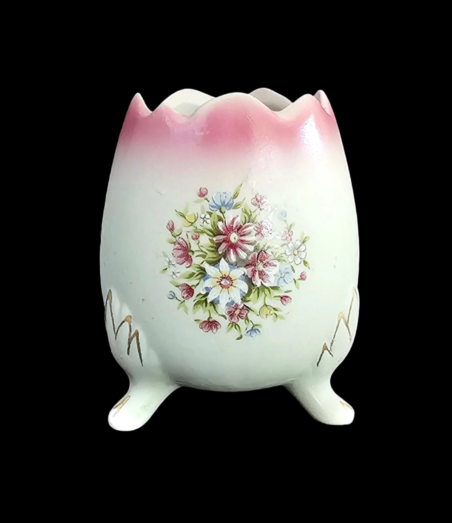 Hand Painted Cracked Egg Vase, Pink and White with Flowers and Gold Accents in a Matte Finish, made in Japan. Small Chip.