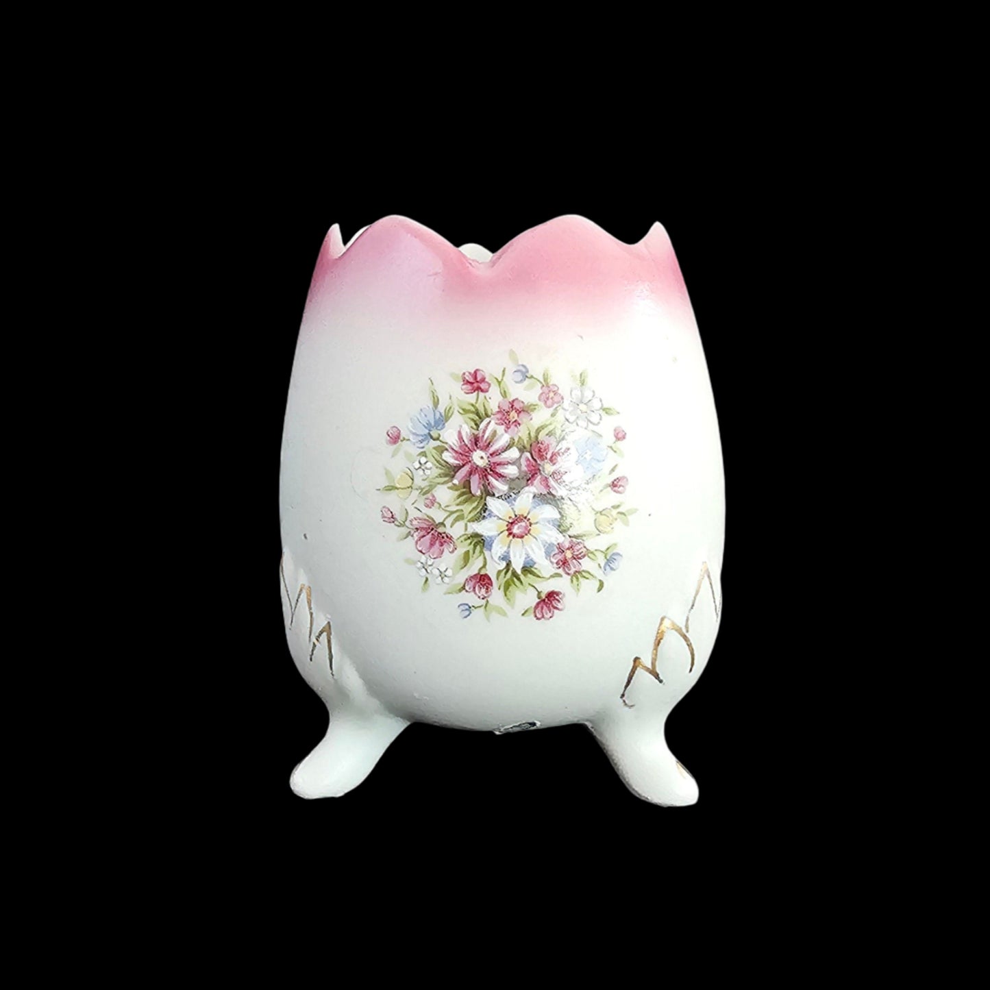 Hand Painted Cracked Egg Vase, Pink and White with Flowers and Gold Accents in a Matte Finish, made in Japan. Small Chip.