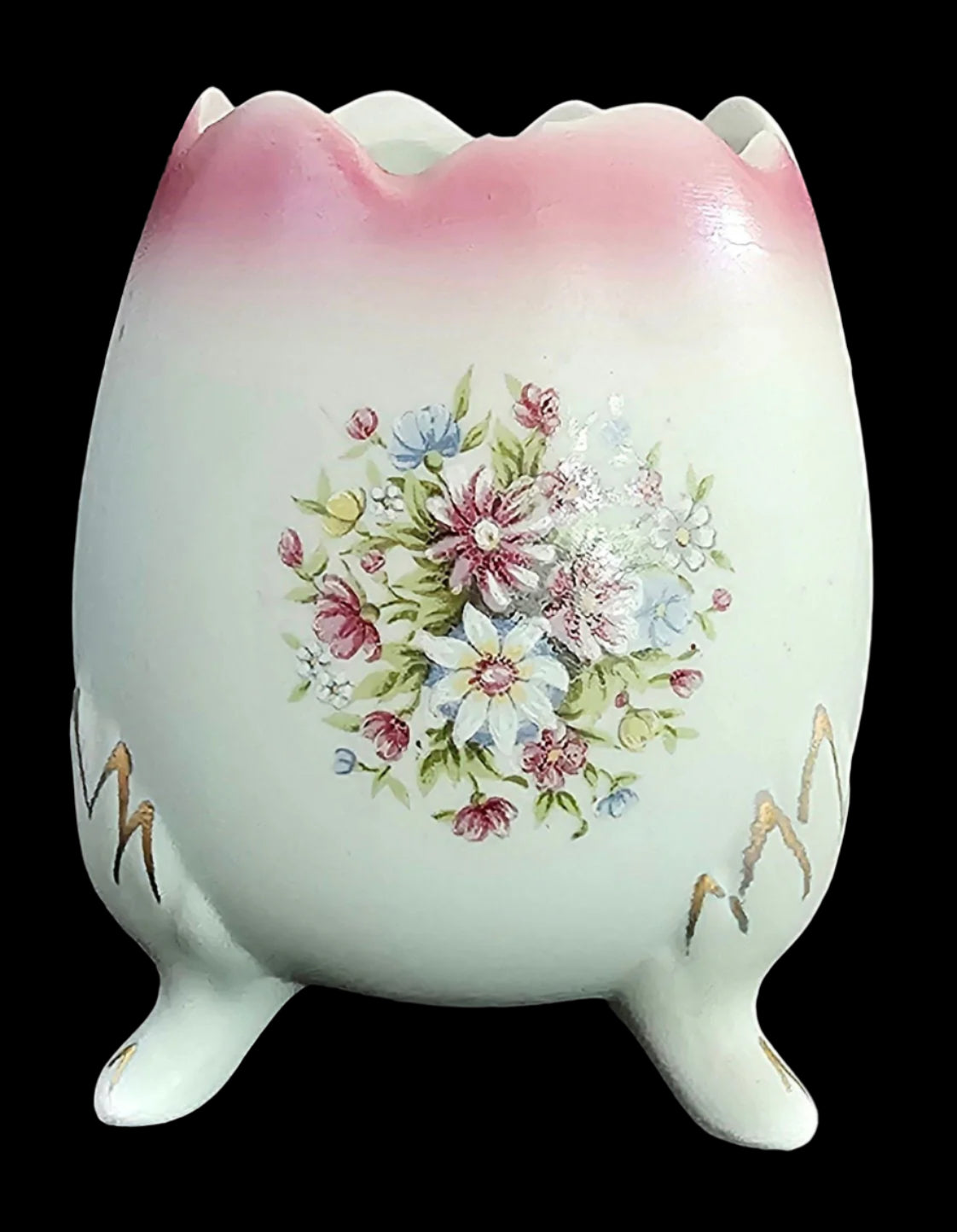 Hand Painted Cracked Egg Vase, Pink and White with Flowers and Gold Accents in a Matte Finish, made in Japan. Small Chip.