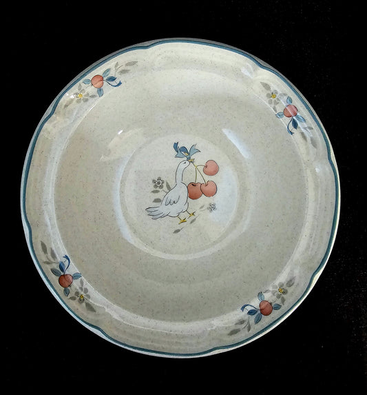 International Tableworks &quot;Marmalade&quot; pattern rimmed cereal bowl. White goose with spray of 3 red cherries tied with a blue ribbon.