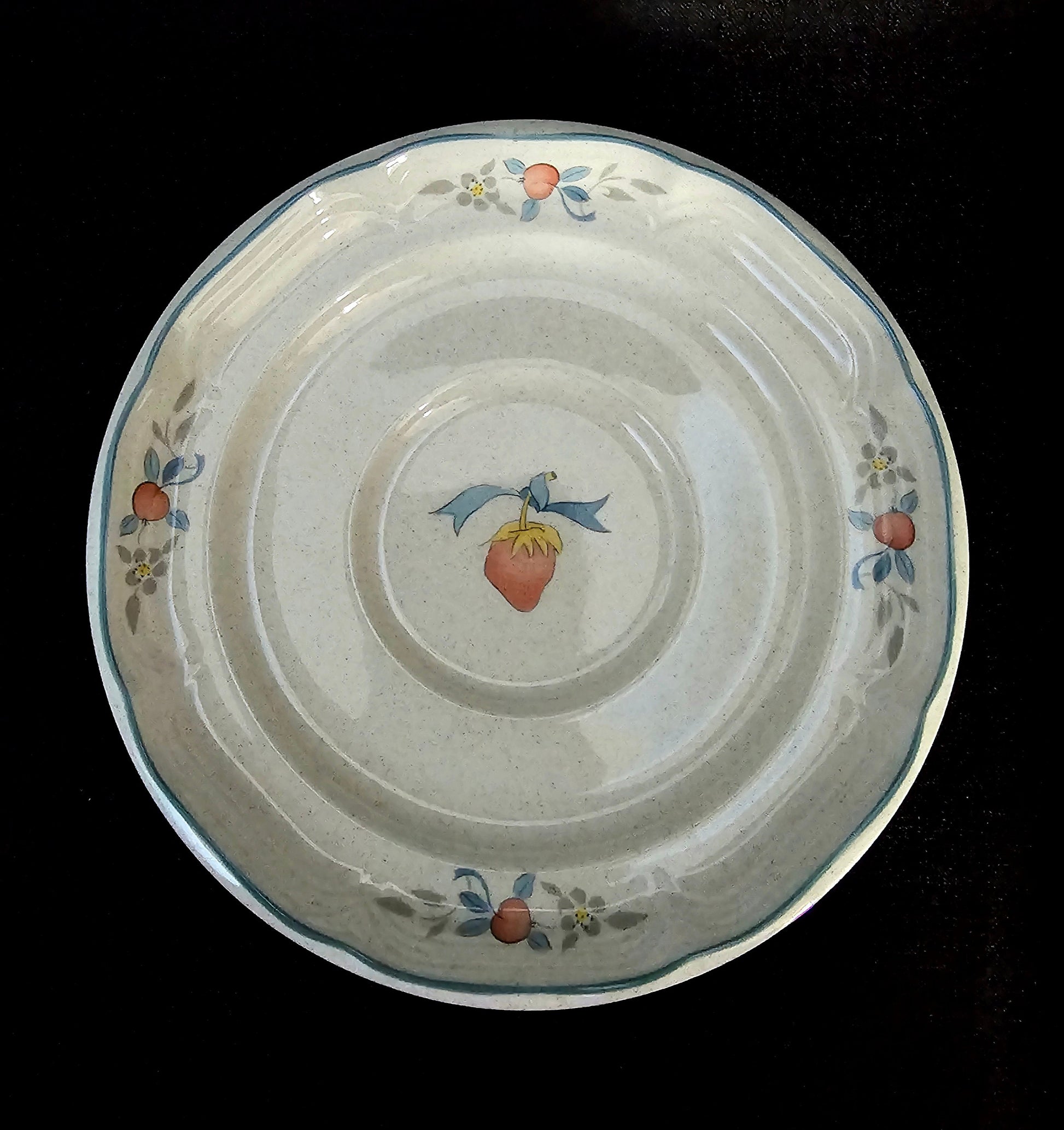 Marmalade Cup and Saucer Set, Vintage International Tableworks (1980s). Speckled Cream Stoneware w/ Geese, Fruits Motif in Red and Blue.