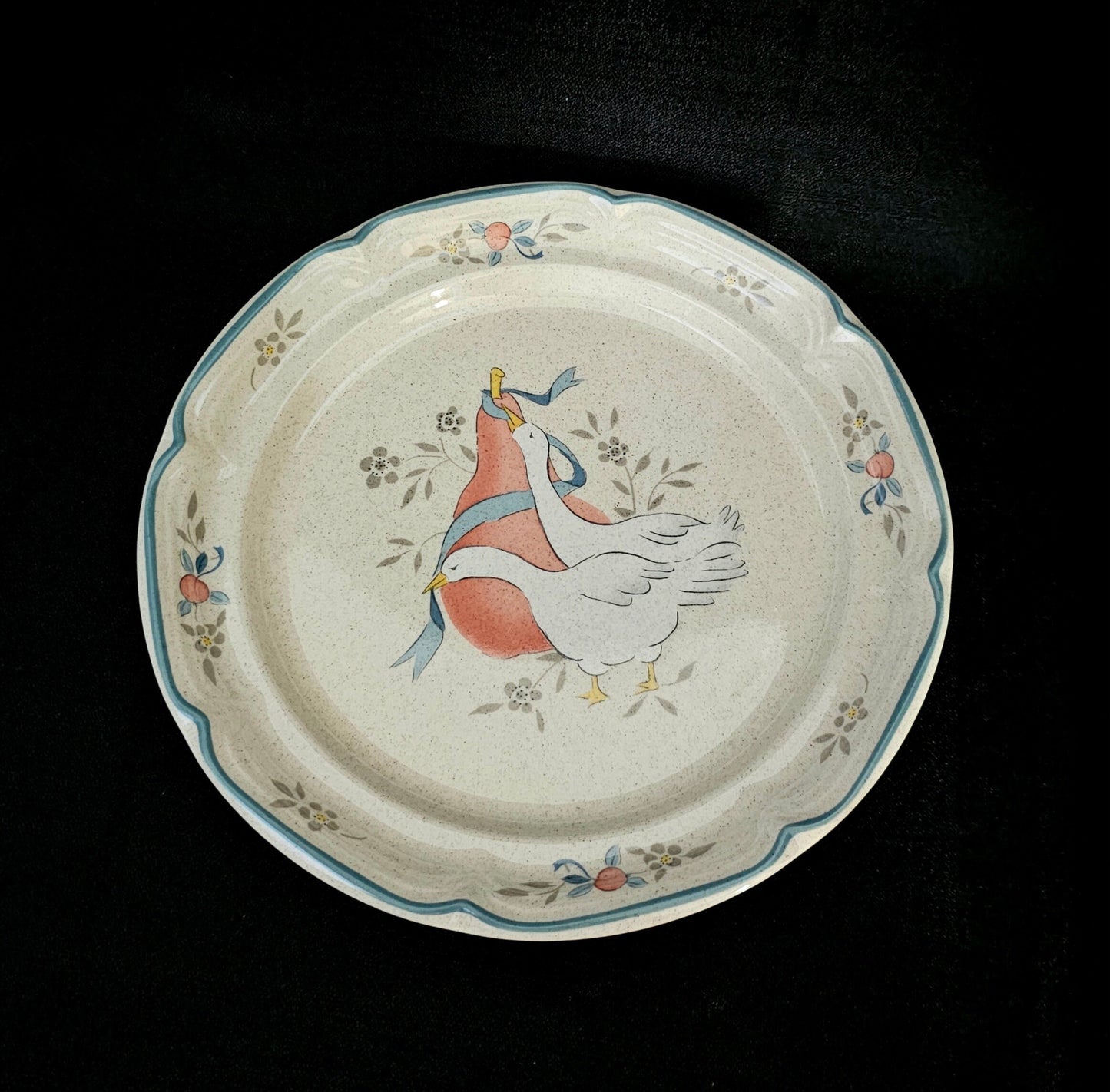 International Tableworks &quot;Marmalade&quot; pattern salad plate, with large decal. Decal shows two white geese tying a blue ribbon to the top of a red pear.