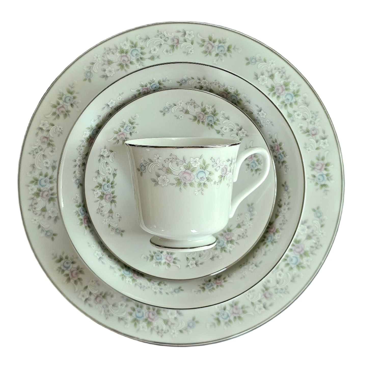 Carlion China 5 Piece Dinnerware Set: Dinner Plate, Bread & Butter Plate, Coupe Soup Bowl, Tea Cup, and Saucer. Corsage Pattern 481.