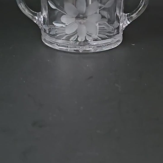 Etched Glass Sugar Bowl with Double Handles, Etched Floral Pattern, Vintage. Excellent Condition.