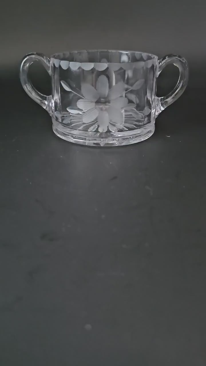 Etched Glass Sugar Bowl with Double Handles, Etched Floral Pattern, Vintage. Excellent Condition.