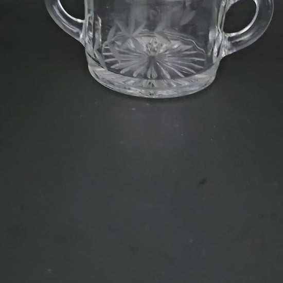 Etched Glass Sugar Bowl with Double Handles, Vine and Leaf Pattern, Vintage. Excellent Condition.