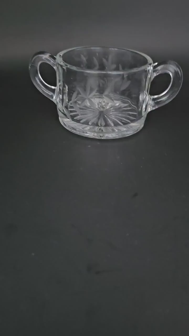 Etched Glass Sugar Bowl with Double Handles, Vine and Leaf Pattern, Vintage. Excellent Condition.